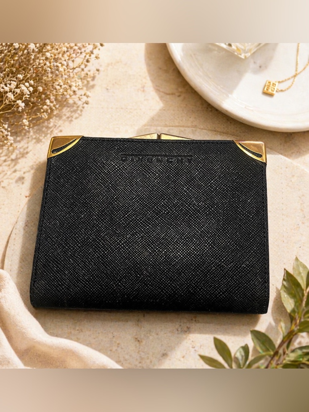 Vintage Givenchy Paris Framed Kiss Lock Wallet Navy Black Saffiano Leather Gold